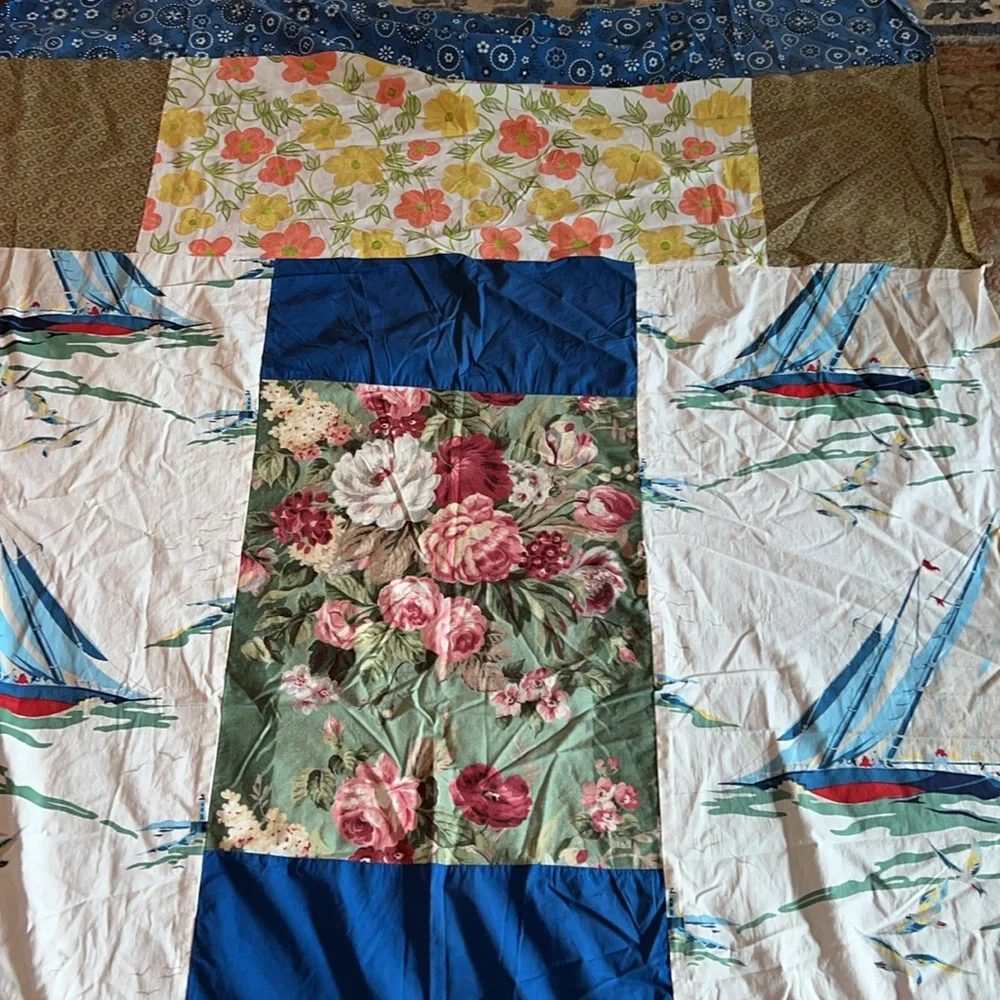 MCM handmade Quilt top unfinished sailing boats 54” x 92”